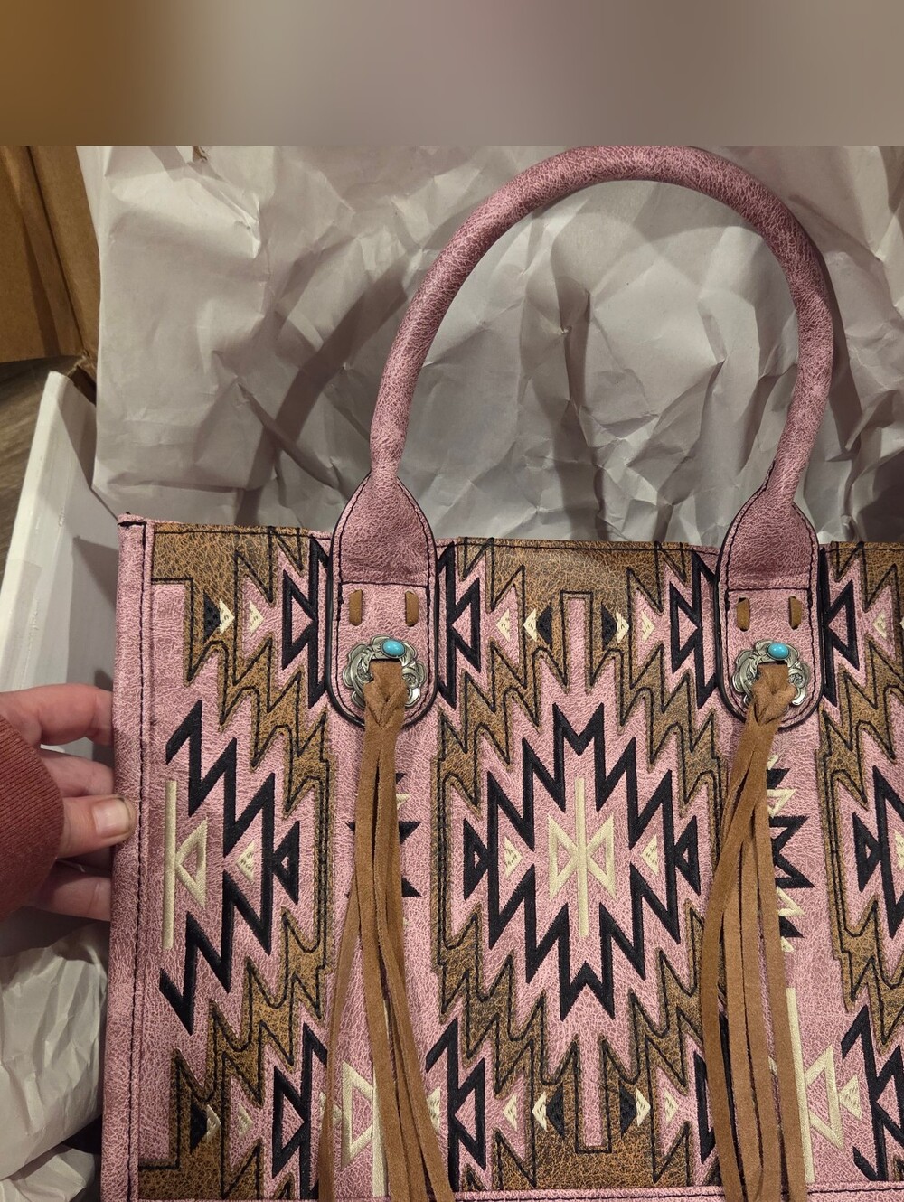 Pink Aztec-Patterned Tote Bag with Suede Fringe